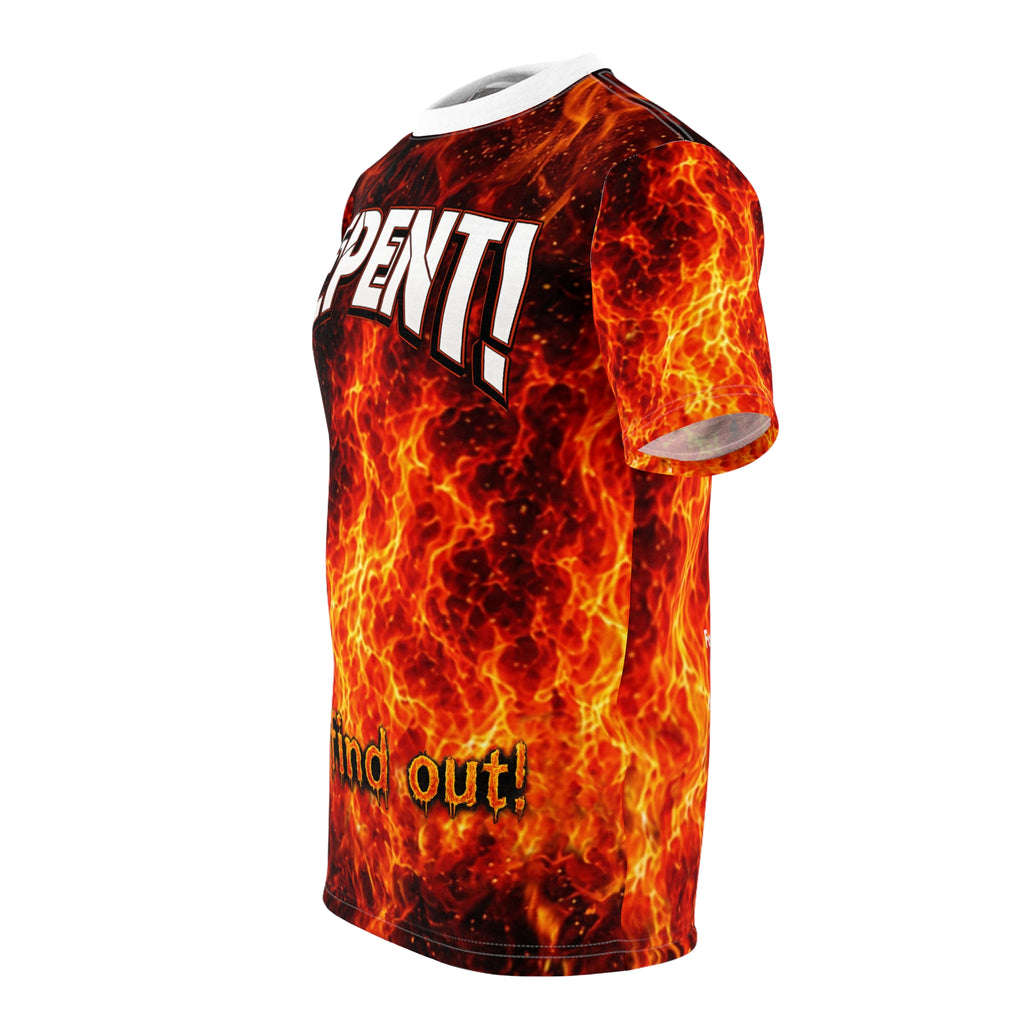 Repent! Flame Graphic Tee — "Repent or Find Out" All-Over Print
