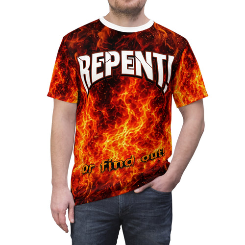 Repent! Flame Graphic Tee — "Repent or Find Out" All-Over Print