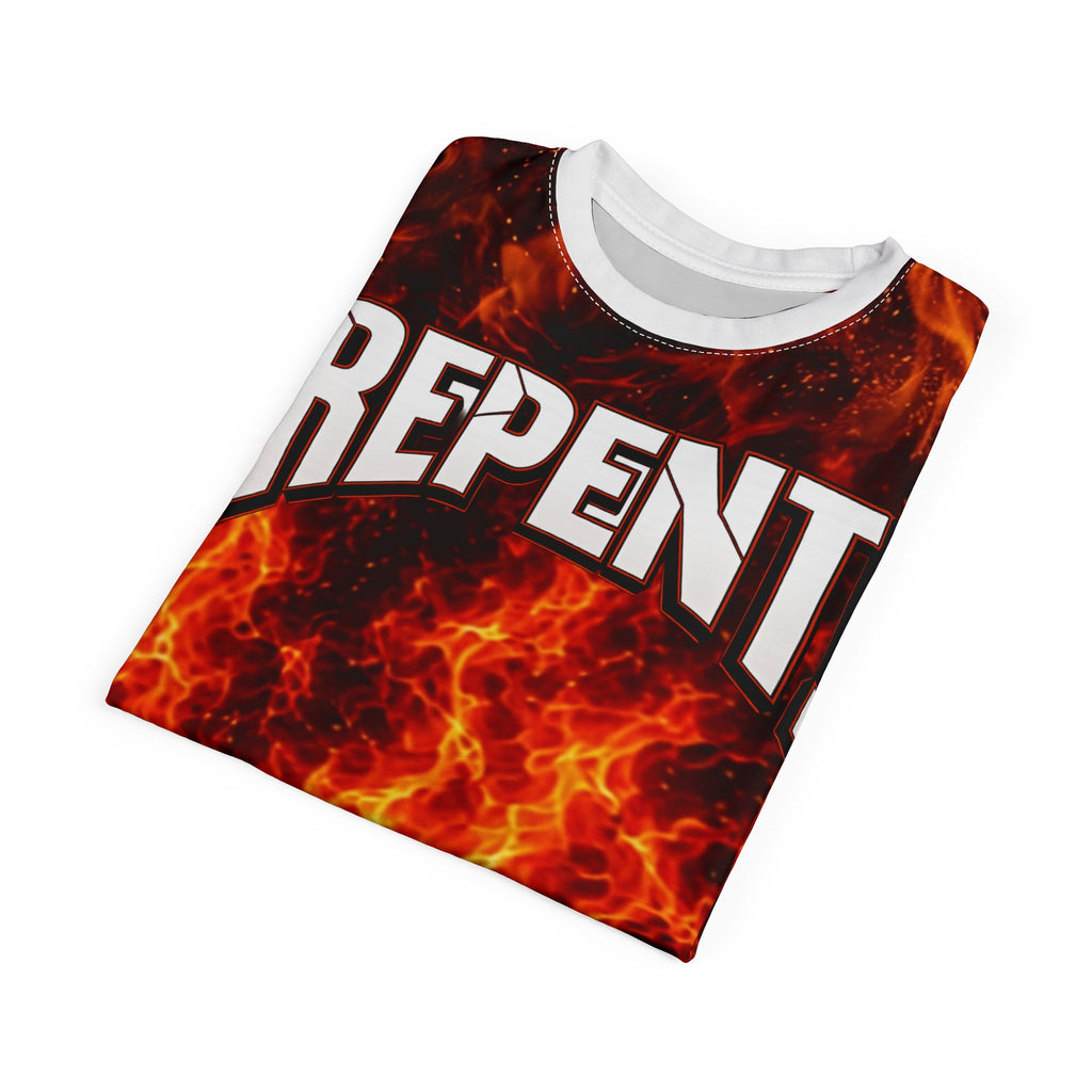 Repent! Flame Graphic Tee — "Repent or Find Out" All-Over Print